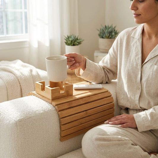 מגש ספה במבוק אלגנטי – שולחן יציב על כל ספה